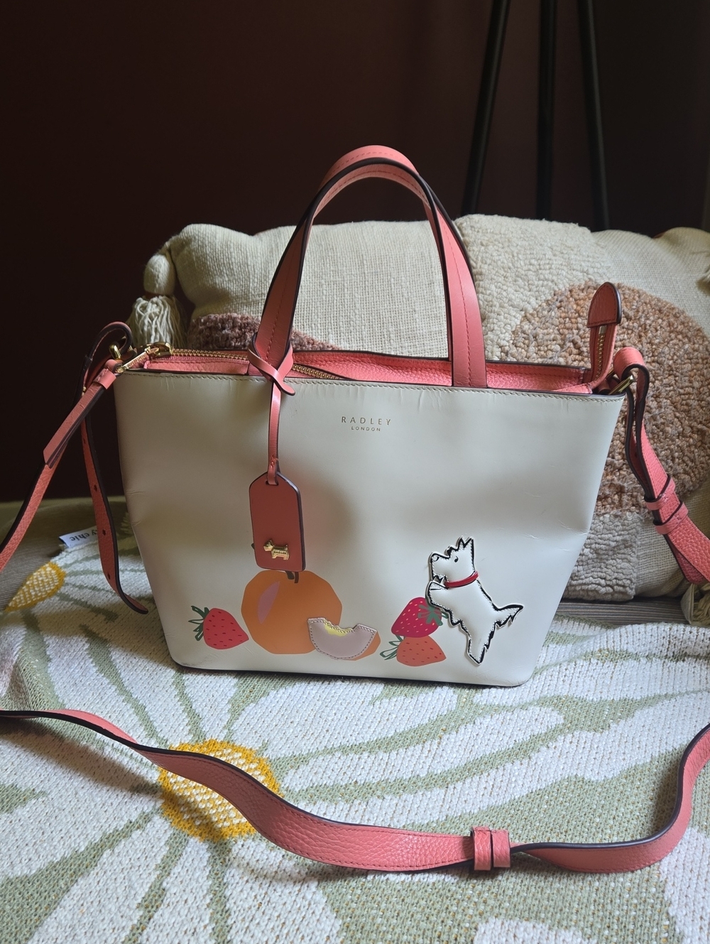 RADLEY LONDON Cream Pink Leather Satchel Crossbody with Fruit & Dog Appliqués